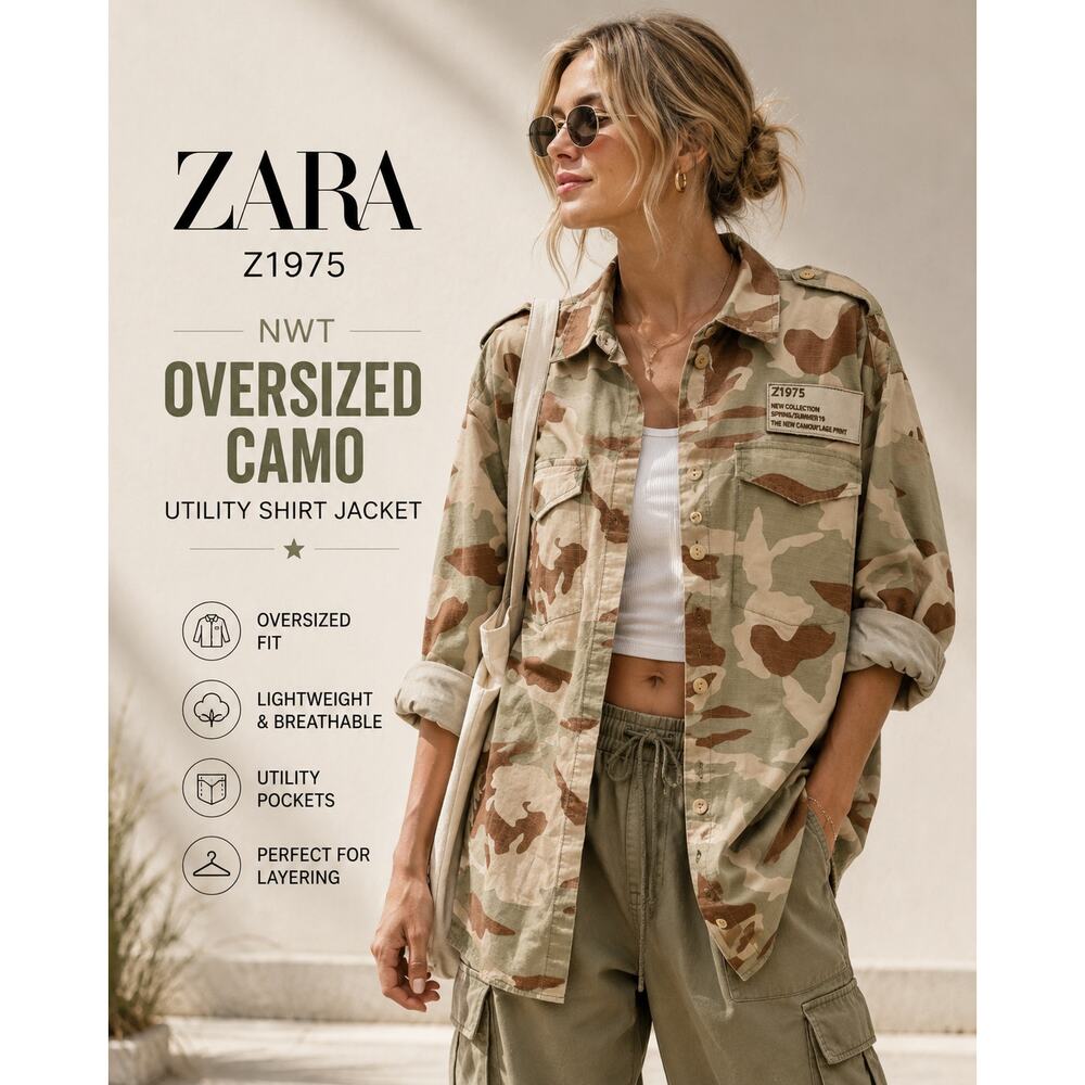 Zara Z1975 NWT Oversized Camo Utility Shirt Jacket XS